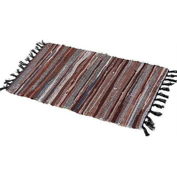 Xiao Hua Rag Rug, Machine Washable Cotton Reversible Rag Rug Hand Woven Multi Color Striped Area Rug Floor Rugs for Bedroom, Living Room, Kitchen and Laundry Room (20" x 31", Coffee)