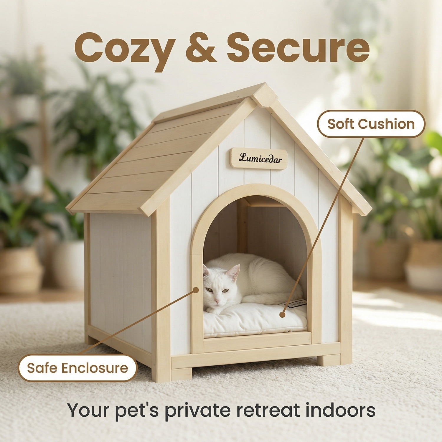 Modern Indoor Wooden Dog House with EVA Cushion – Solid Cedar Pet House for Small Dogs & Cats