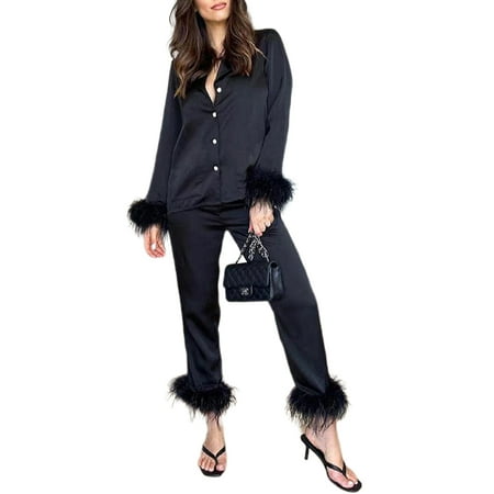 

2 Pcs Women Satin Silk Pajamas Set Long Sleeve Button Down Feather Pjs Sleepwear Nightwear Loungewear Set