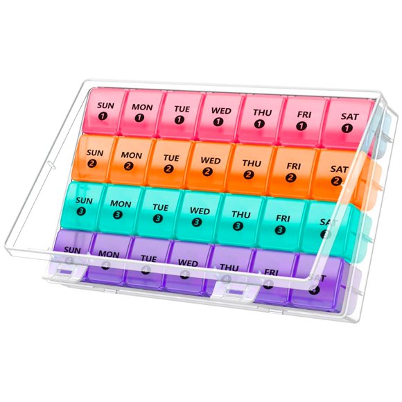 Extra Large Monthly Pill Organizer - 7-Day Color Once-A-Day Pill Dispenser w/ 4 Weekly Pill Containers for 28 Days - BPA-Free Dust-Proof Case XL Medicine Organizer Box for Pills, Tablets, Supplements