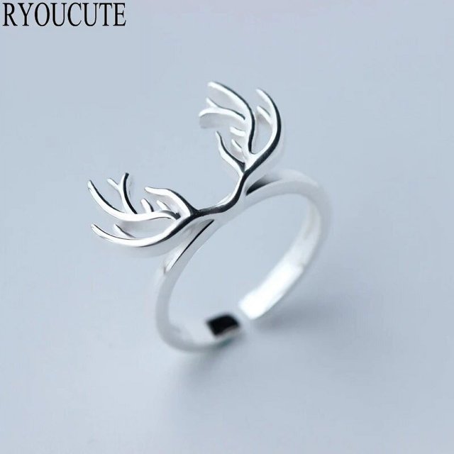 Anillos de astas de ciervo de Color plateado para mujer, anillos de tamaño ajustable, joyería de boda de moda, joyas de plata
