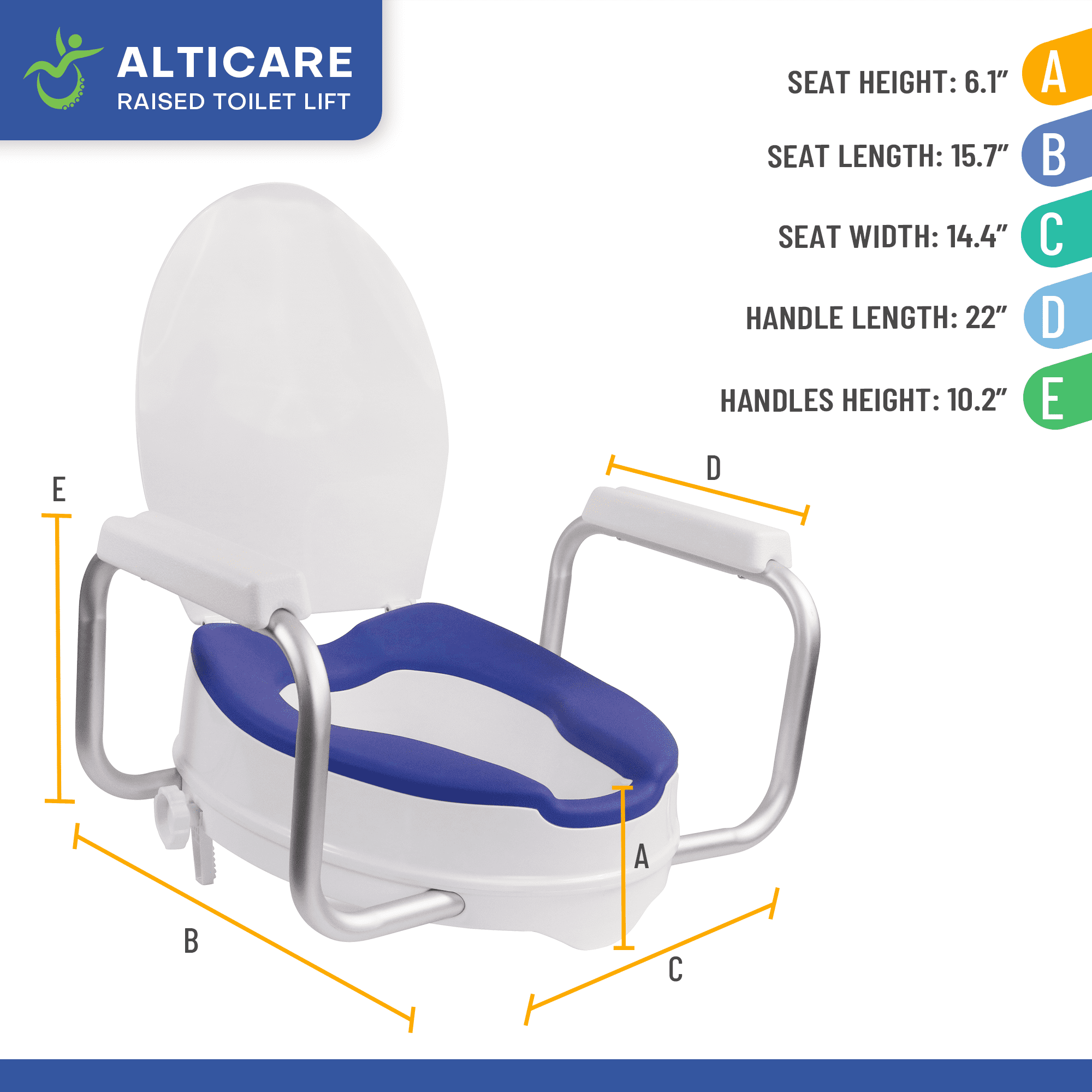 AltiCare Raised Toilet Seat 5-Inch Elevated Commode Riser with Adjustable Armrests and Latex Free Rubberized Non Slip Seat