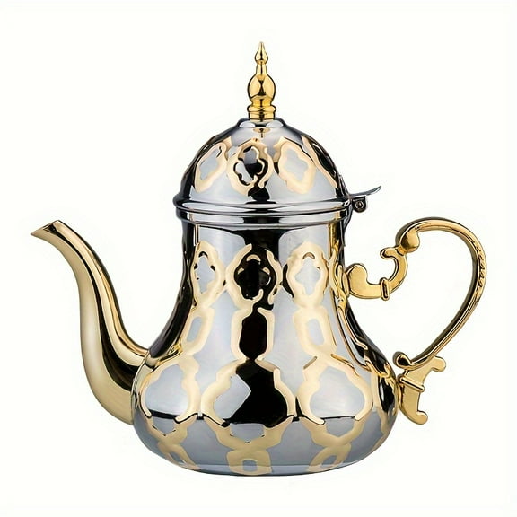 1pc Stainless Steel Moroccan Teapot, Polished Metal Finish, Large Capacity, for Afternoon Tea, Coffee, Office, Family Dinner