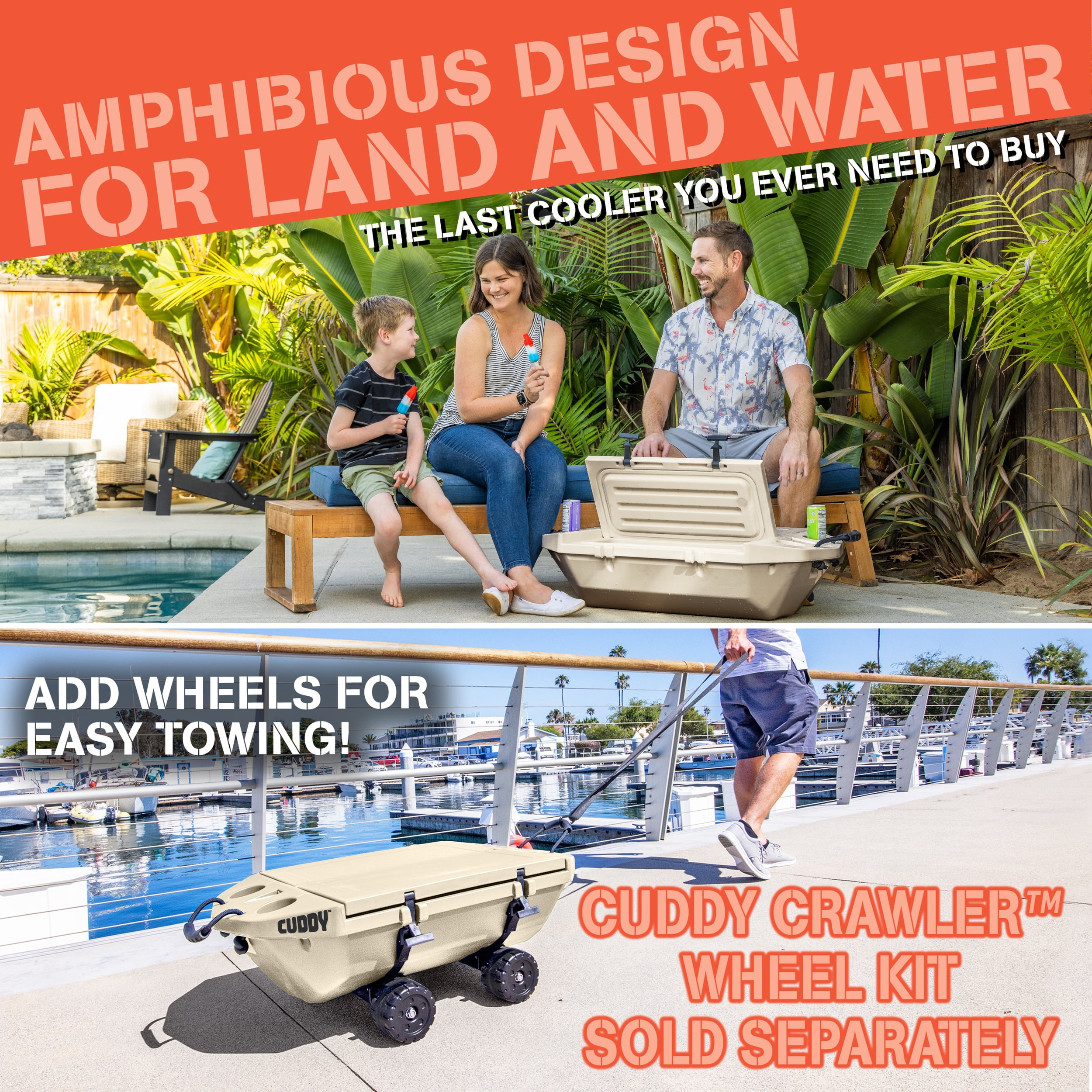 Cuddy Floating Cooler and Dry Storage Vessel - 40QT - Amphibious Hard Shell Design, Tan