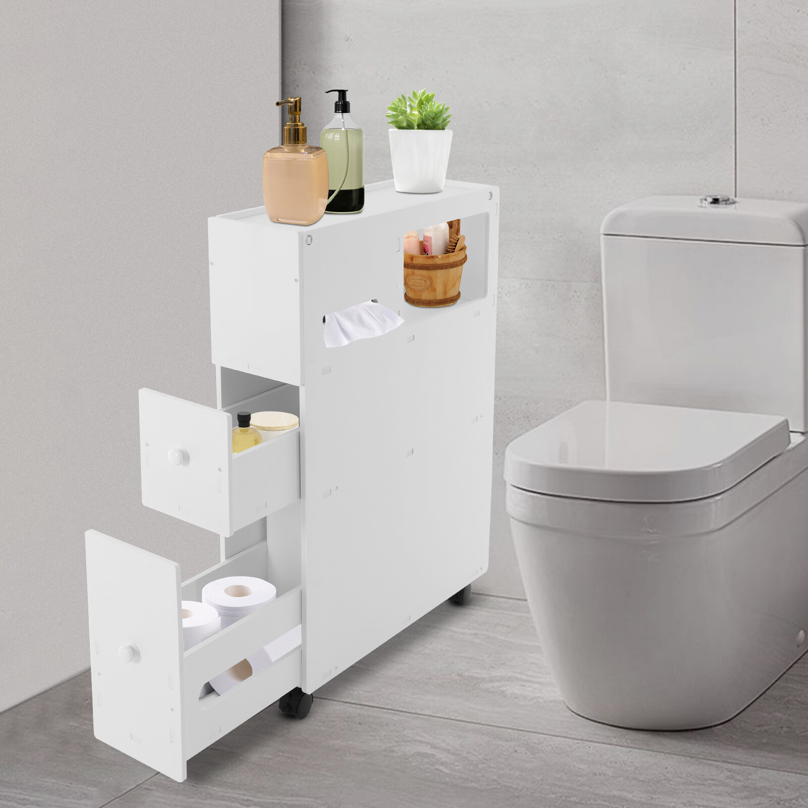 4 Tiers PVC Toilet White Narrow Cupboard Shelf White Slim Bathroom Storage Cabinet Floor Standing Bathroom Hallway Living Room