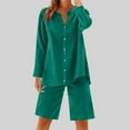 thumbnail image 2 of UAMVSH Women Button down Two Piece Sets Plus Size Cotton Linen Long Sleeve Shirts and Drawstring Bermuda Shorts Beach Outfits(Large,Green), 2 of 7