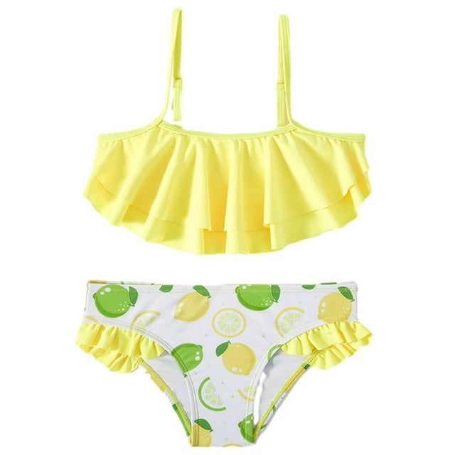 Toddler Girls Two Pieces Ruffle Chest Lemon Printing Adjustable Spaghetti Strap Bathing Suit Infant Baby Girl Bikini Swimsuit