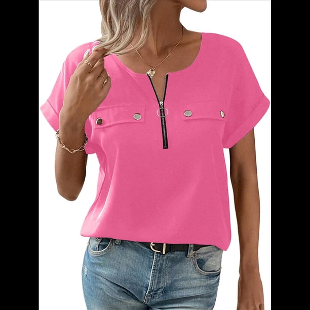 Blusa con Cremallera para Mujer, de Poliéster, con Botones y Corta, Ideal para el Tiempo Libre, Color Rosa, Talla S