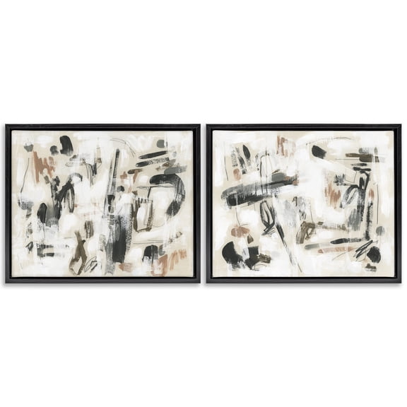 Stupell Industries Neutral Earth Tones Abstraction Abstract Painting Black Floater Framed Canvas Art Print Wall Art, 21 x 17, Set of 2