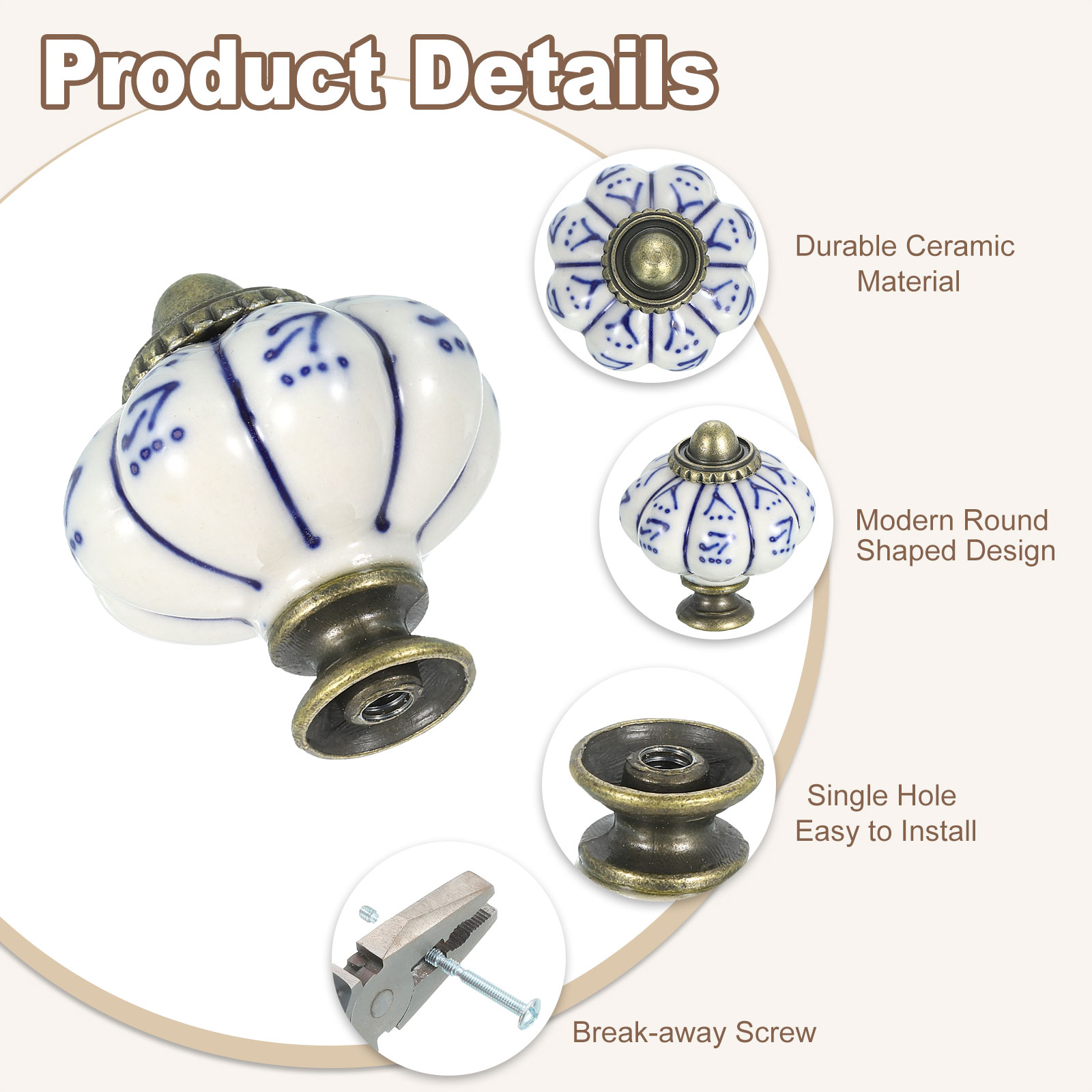 Uxcell 6 Pack Ceramic Knobs, 35mm/1.38" Pumpkin Cabinet Knob Drawer Pull Handle Vintage Drawer Knobs with Screws for Vanity Bedroom Furniture Closet, Blue Willow Leaf