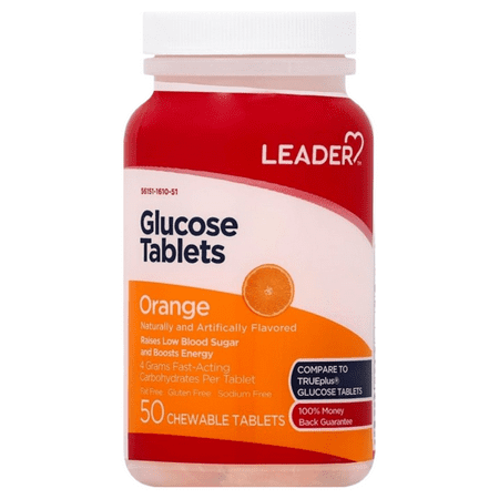 Leader Glucose Tablets, Chewable Low Blood Sugar Tablets, Boosts Energy, Fast-Acting, Fat Free, Gluten Free, Sodium Free, Caffeine Free, Great Tasting Orange Flavor, 50 Tablets