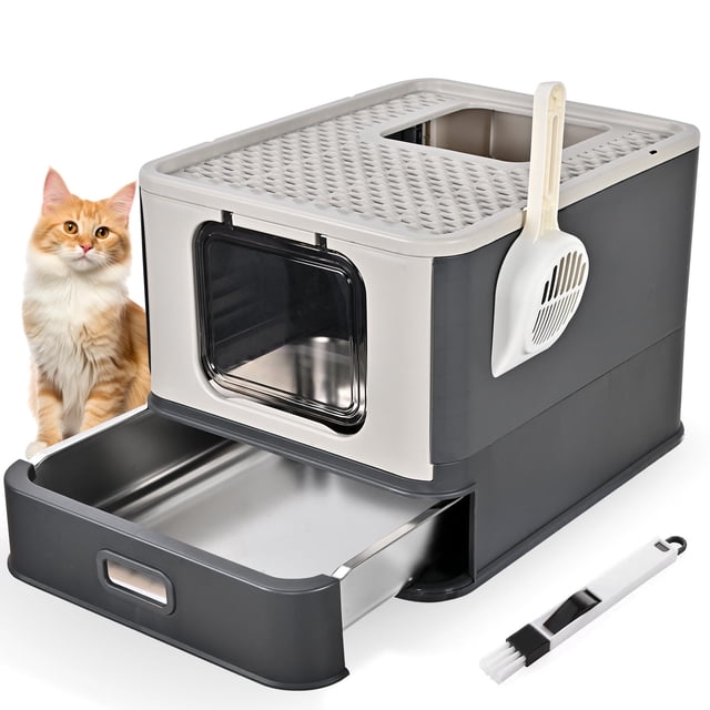 Enclosed Stainless Steel Cat Litter Box, XL Extra Large Cat Litter Box with Lid and Drawer Design for Indoor Cats