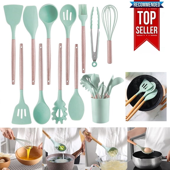 12 Pcs Wooden Handle Silicone Kitchen Utensils Set, Non Stick Cookware Safe Silicone Cooking Utensils Spatula Spoon Tongs Whisk with Storage Holder, Gray-Green Heat Resistant Kitchen Gadget Kit