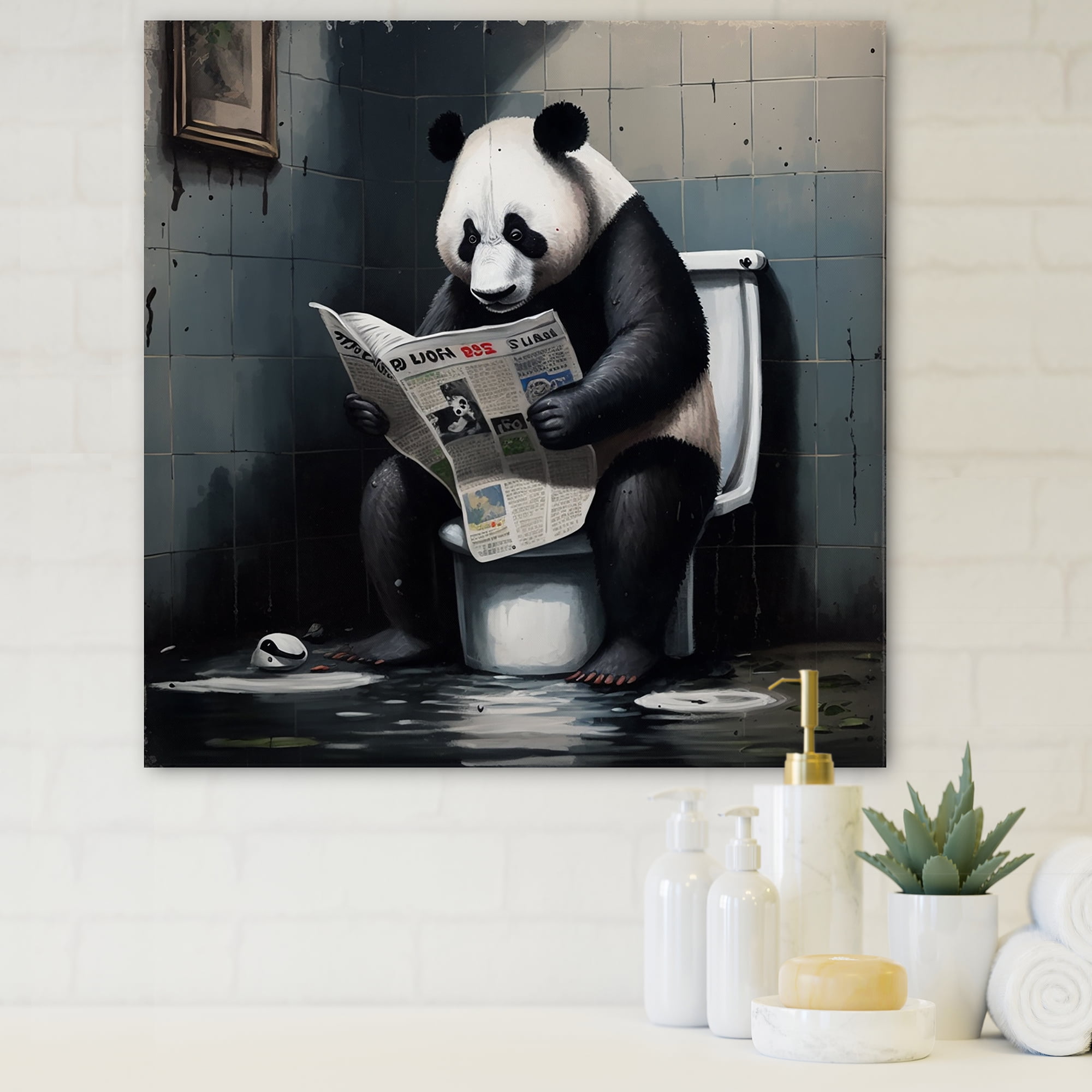 Designart Panda On Toilet Reading News Canvas Wall Art