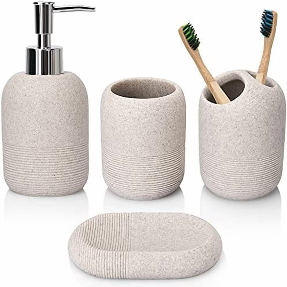 Bathroom Accessory Set,4 Piece Bathroom Decor Accessories Sets with Lotion Soap Dispenser,Toothbrush Holder,Bathroom Tumbler,Soap Dish for Bathroom Vanity Countertop Accessories,Beige
