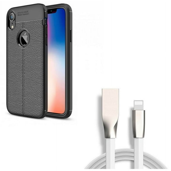 Case w USB Cable for iPhone XR - PU Leather Slim Fit Cover Reinforced Bumper Shock Absorbent, 6ft Flat Charger Cord Power Wire Compatible With iPhone XR