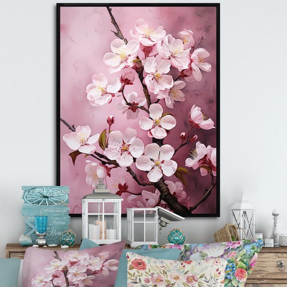Designart "Harmonious Blossoms In Burgundy" Tree Cherry Blossom Floater Framed Wall Art Living Room