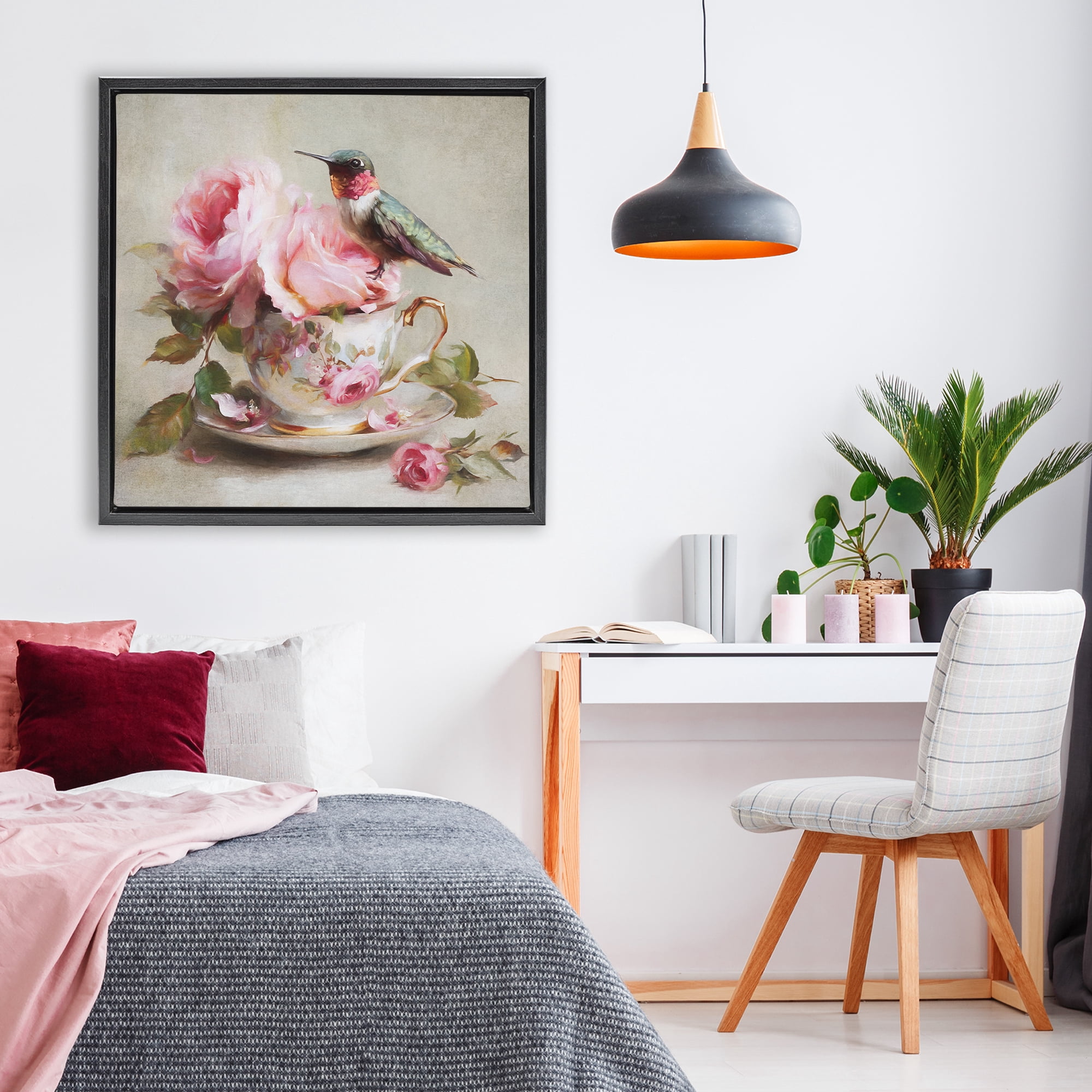Stupell Industries Hummingbird & Tea Cup Black Framed Floater Canvas Wall Art, design by Tina LeCour