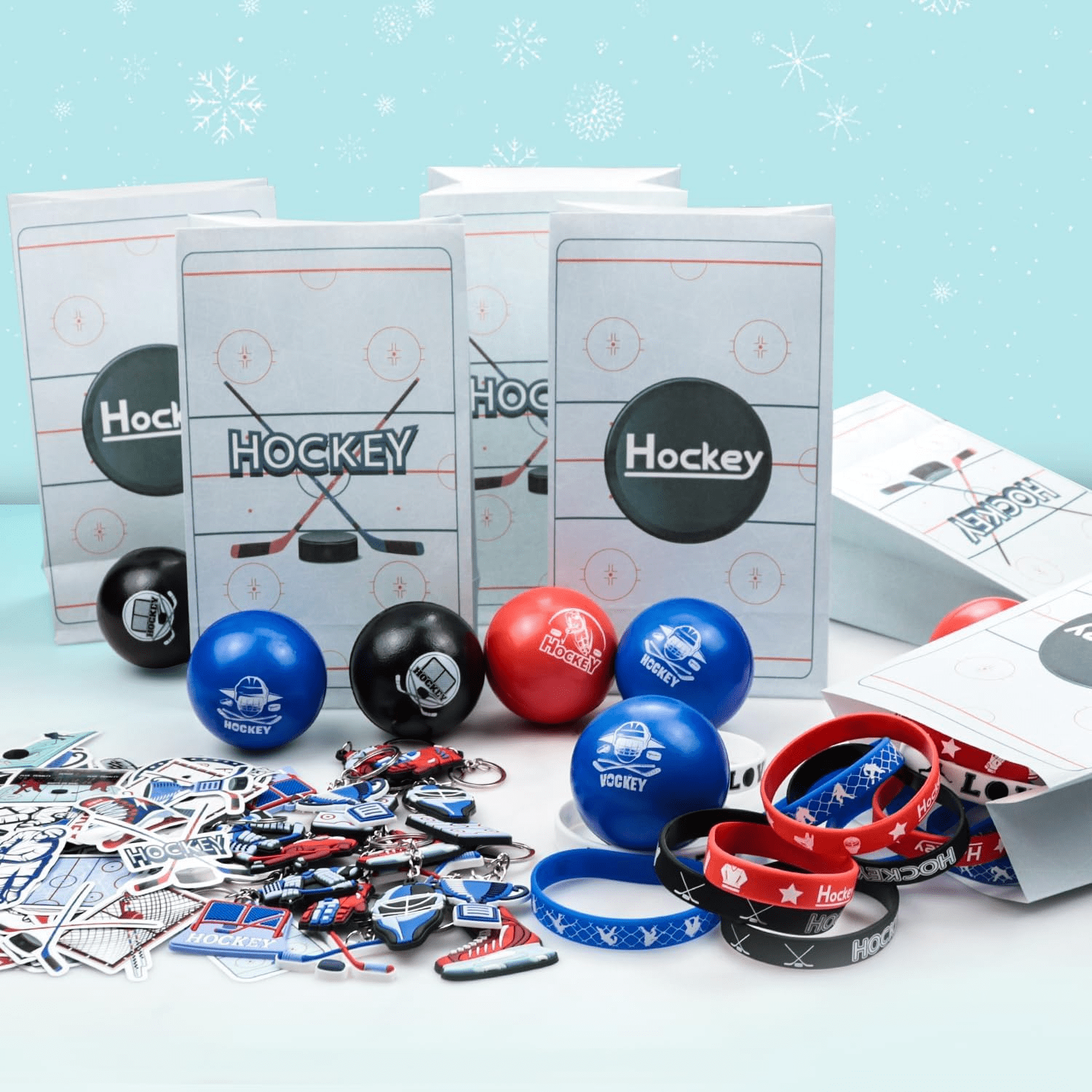 Hockey Party Favors 130Pcs Hockey Party Supplies Foam Hockey Balls, Silicone Wristbands, Hockey Theme Stickers, Hockey Theme Gift Bags, Hockey Keychains, Gifts for Kids Students