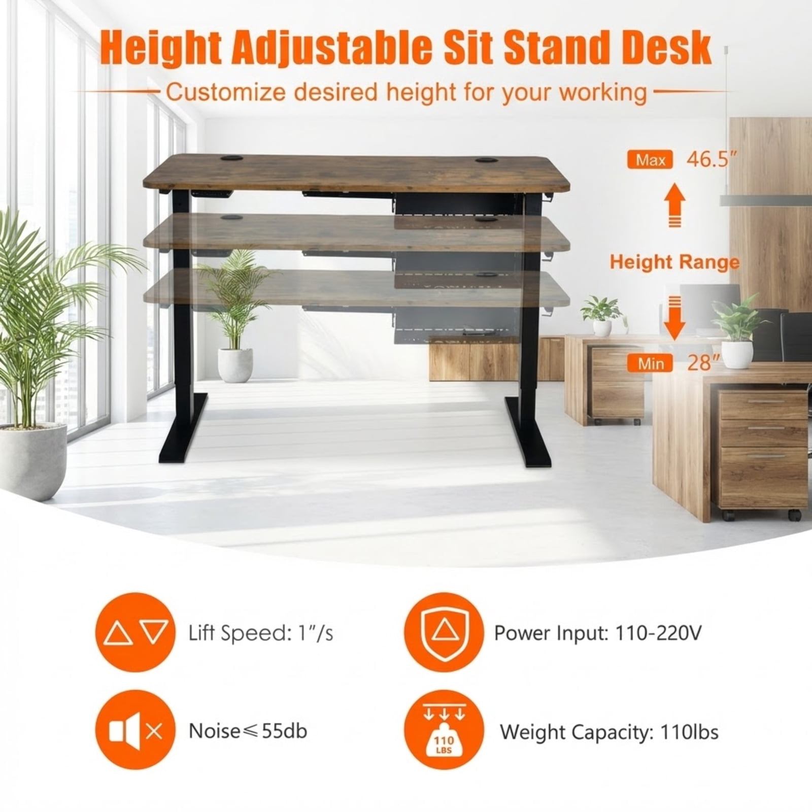 Furnibear 48-Inch Electric Height Adjustable Standing Desk with Memory Control Panel and USB Port, Rustic Brown
