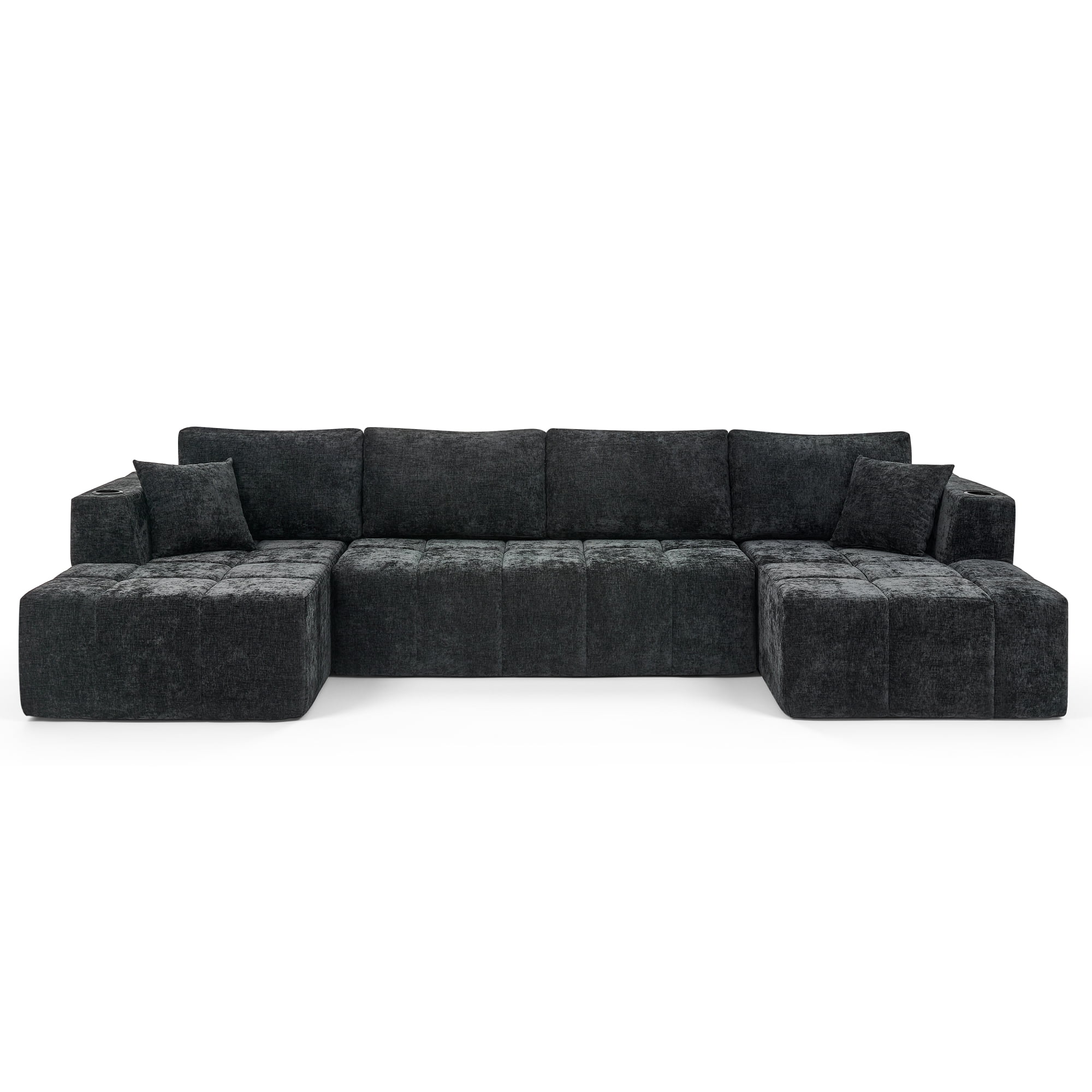 Leumius 132" U Shaped Sectional Sofa,Chenille Boneless Couch, Modern 4-Seat Upholstered Cloud Couch Sectional with Deep Seat and Cup Holders for Living Room,No Assembly Required,Black