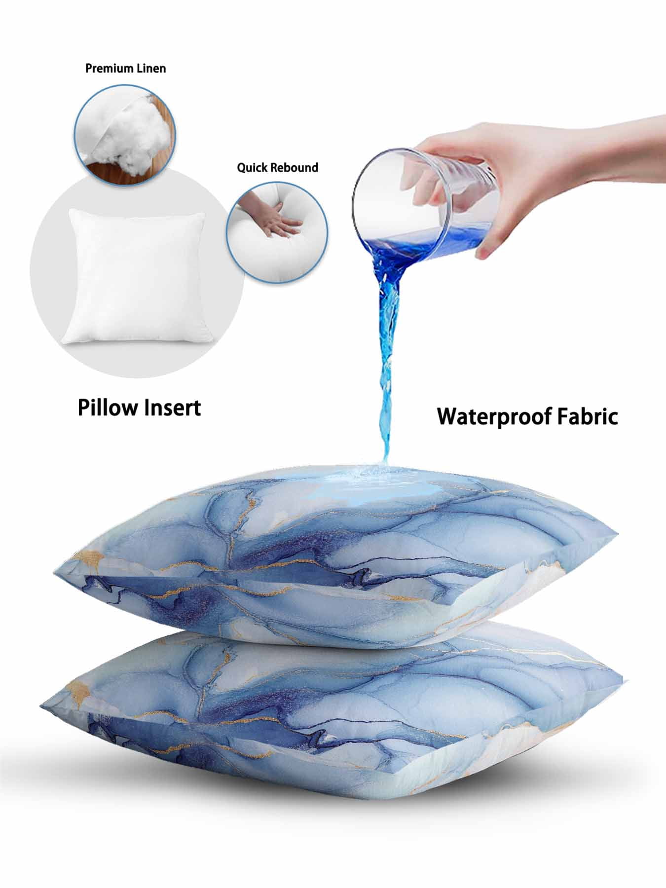 Outdoor Pillows Waterproof, Blue Marble Bedding Throw Pillows with Insert for Couch Sofa Bed, Gradual Modern Abstract Art 18x18 Inch Pillowcases Decorative Camping Patio Pillow Set of 2