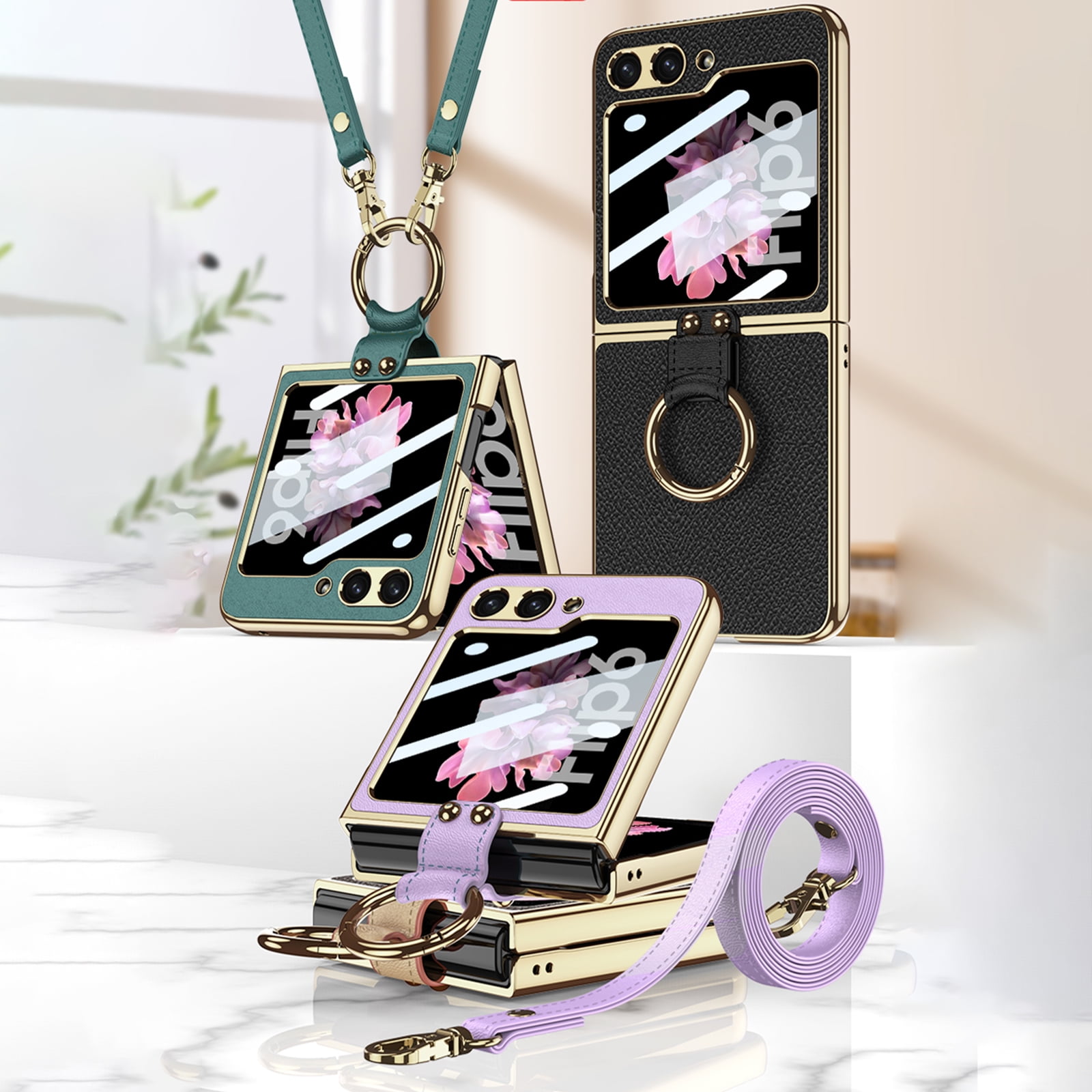 Phone Case For Samsung Galaxy Z Flip 6 , Shockproof Protective Anti-Scratch Phone Case,Ultra-Thin Back Cover Screen Protector with Ring Holder & Adjustable Strap,PU Leather + Hard PC Shell,Green