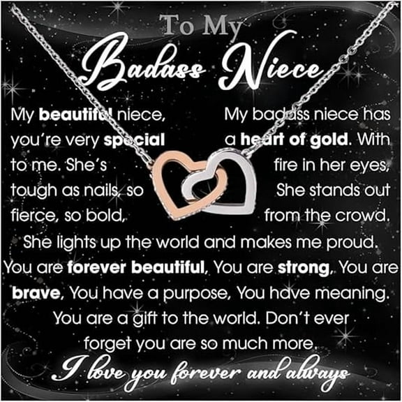 Necklace Gifts For Badass Niece On Christmas With Message Card and LED Box, To My Badass Niece Necklace From Aunt, Birthday Gift for Badass Niece from Aunt, Interlocking Heart Necklace For Women