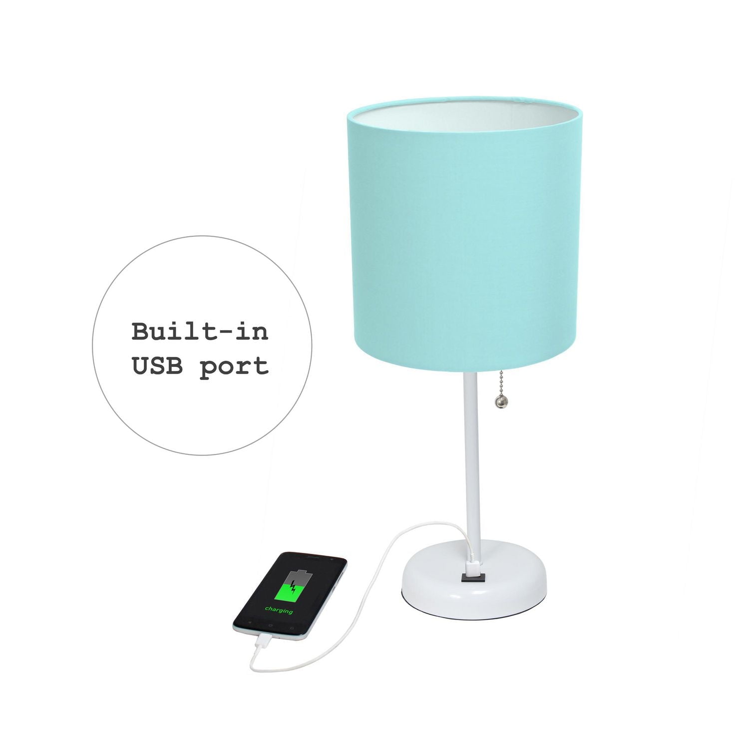 LimeLights White Stick Lamp with USB charging port and Fabric Shade, Aqua