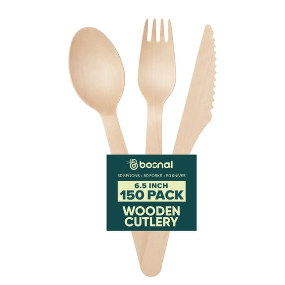 BOSNAL Disposable Wooden Cutlery Set - 150 pcs, Smooth Mongolian Wood Spoons Forks Knives, Plastic-Free & BPA-Free for Parties, BBQs, Catering, Picnics & Takeaway