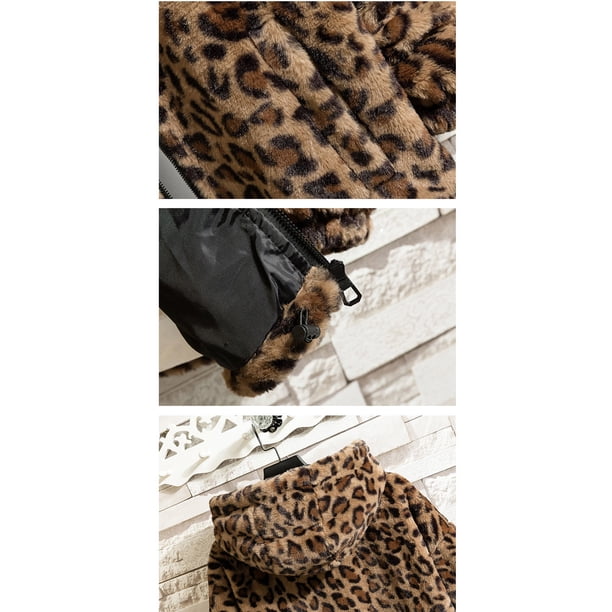 Fengqque Men's Faux Fur Leopard Hooded Jacket Shaggy Coat Zip Up
