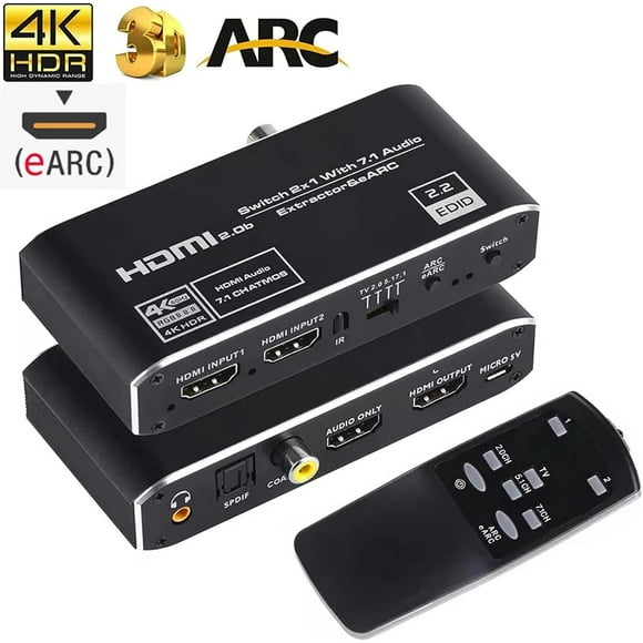 eARC HDMI Audio Extractor Converter 4K@60Hz,2x1 HDMI 2.0 Audio Extractor Switch 2 Input 1 Output 18Gbps with 7.1CH Atmos/eARC/ARC/Toslink/Coaxial/ 3.5mm Audio Out HDCP 2.2 DTS HDR