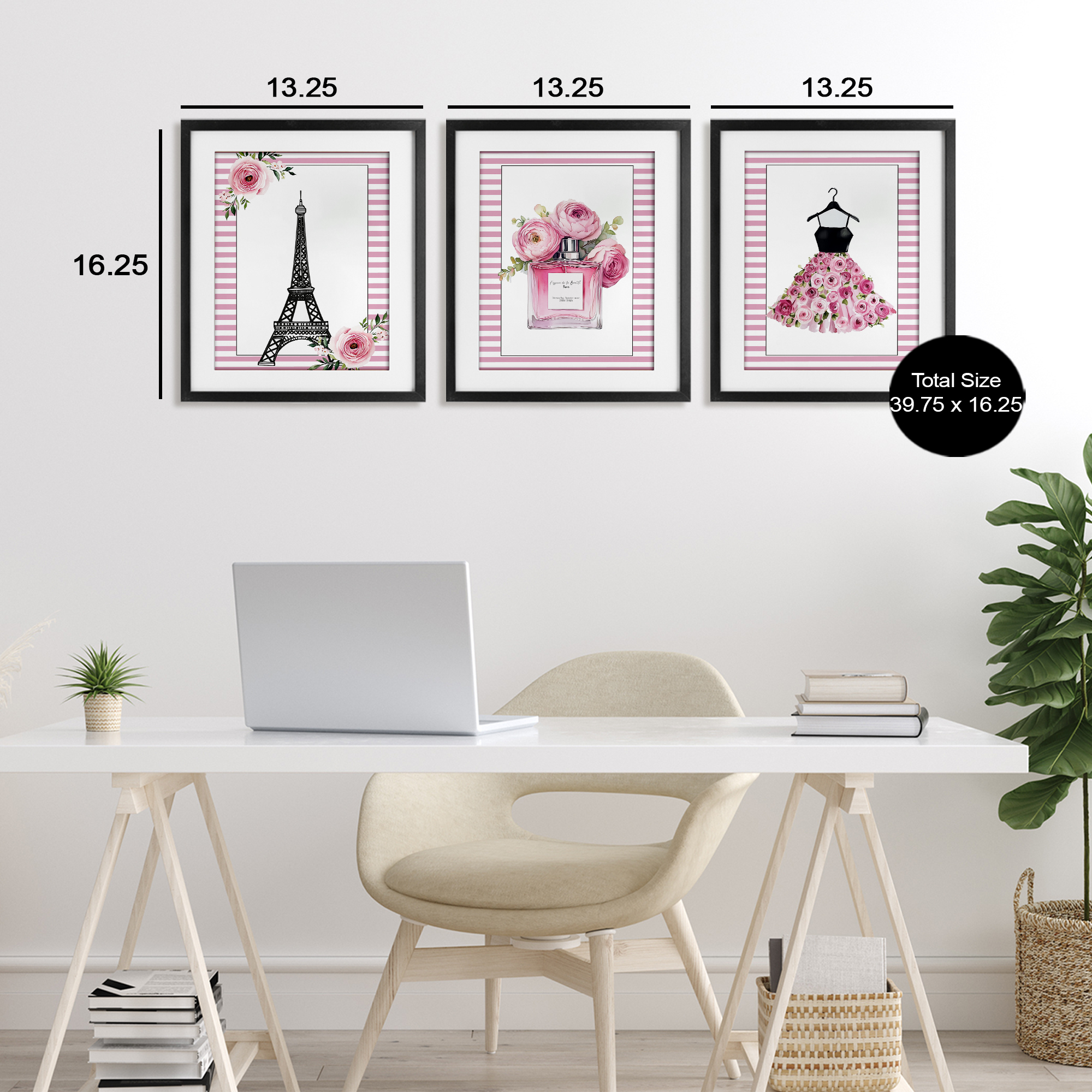 Parisian Glam with Stripes 3 Piece Black Framed Print Under Glass Set, design by Christine Simpson Art