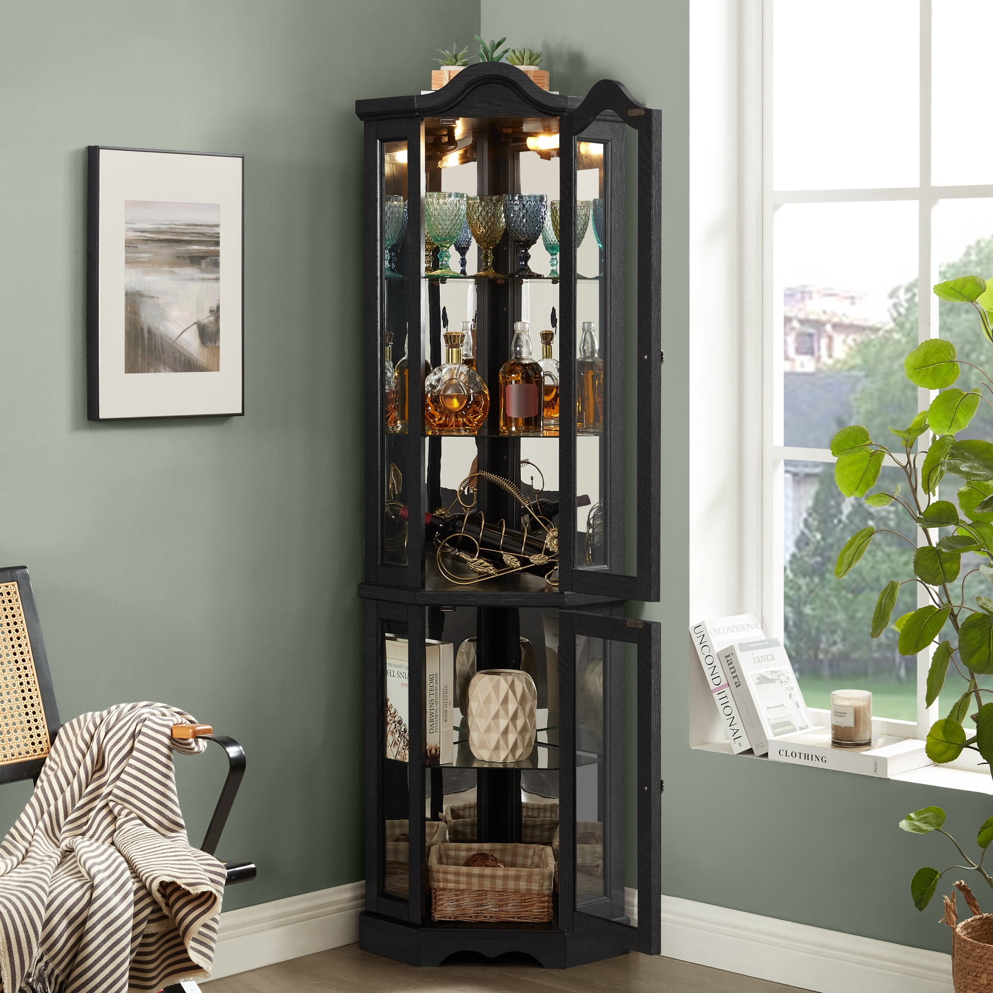 Leumius Curio Cabinet Lighted Glass Display Curio Cabinet with Tempered Glass Doors and Shelves, Crown Corner Cabinet with Bulb, Corner Storage Decoration for Living Room and Bedroom Black