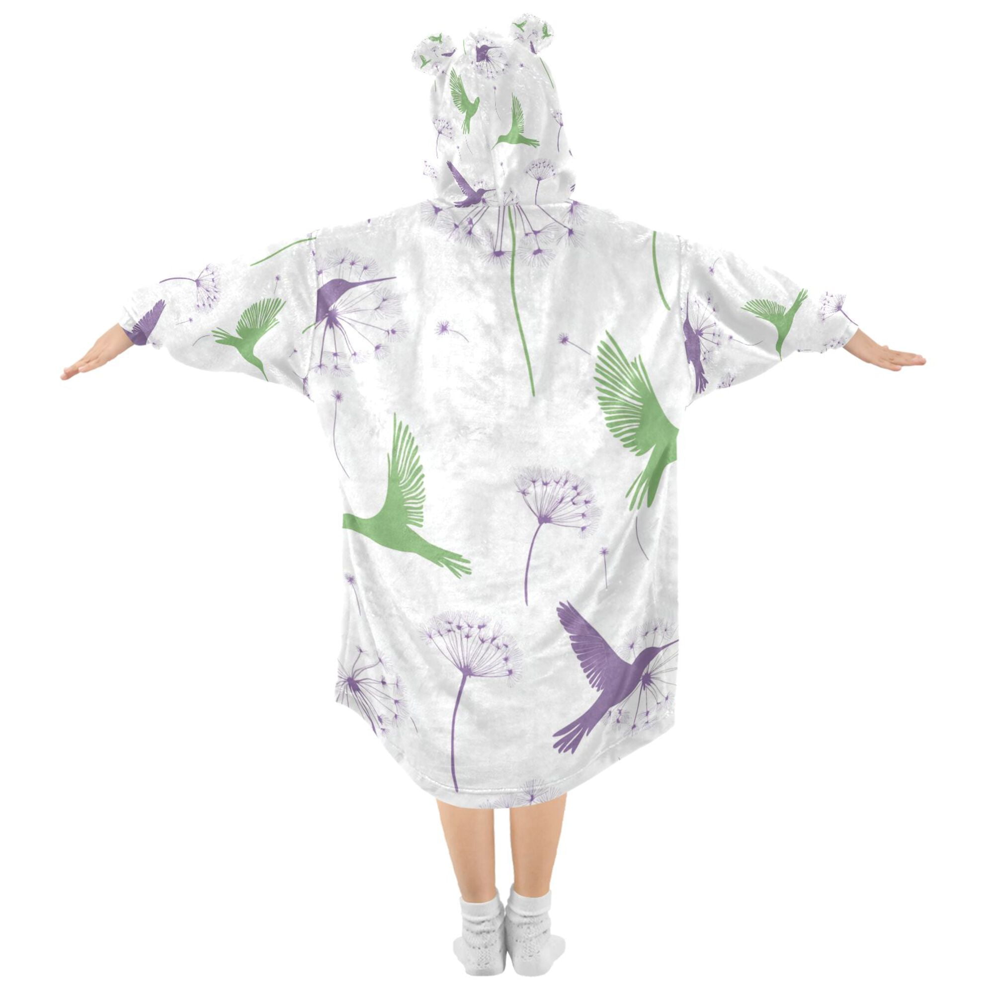 FORMRS Wearable Blanket Hoodie with Sleeves for Kids Cozy Flannel Sweatshirt, Purple Birds