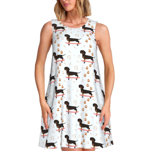 Disketp Dachshund On A Skateboard para Vestido sin Mangas para Mujeres, Vestidos de Verano para Mujeres, Casual y Holgado para la Playa