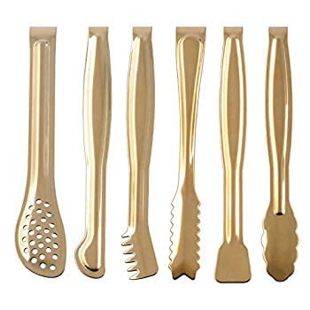 Gold Plated Mini Serving Tongs Set 6-Inch Appetizers Tongs Stainless Steel Small Sugar Cube Tongs Ice Tongs, Set of 6