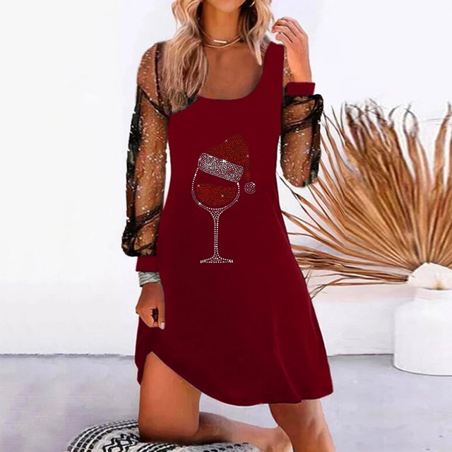 Vestido corto de manga larga con estampado navideño para mujer, vestido Sexy Vintage de retazos de malla, primavera y otoño, vestido de fiesta de navidad