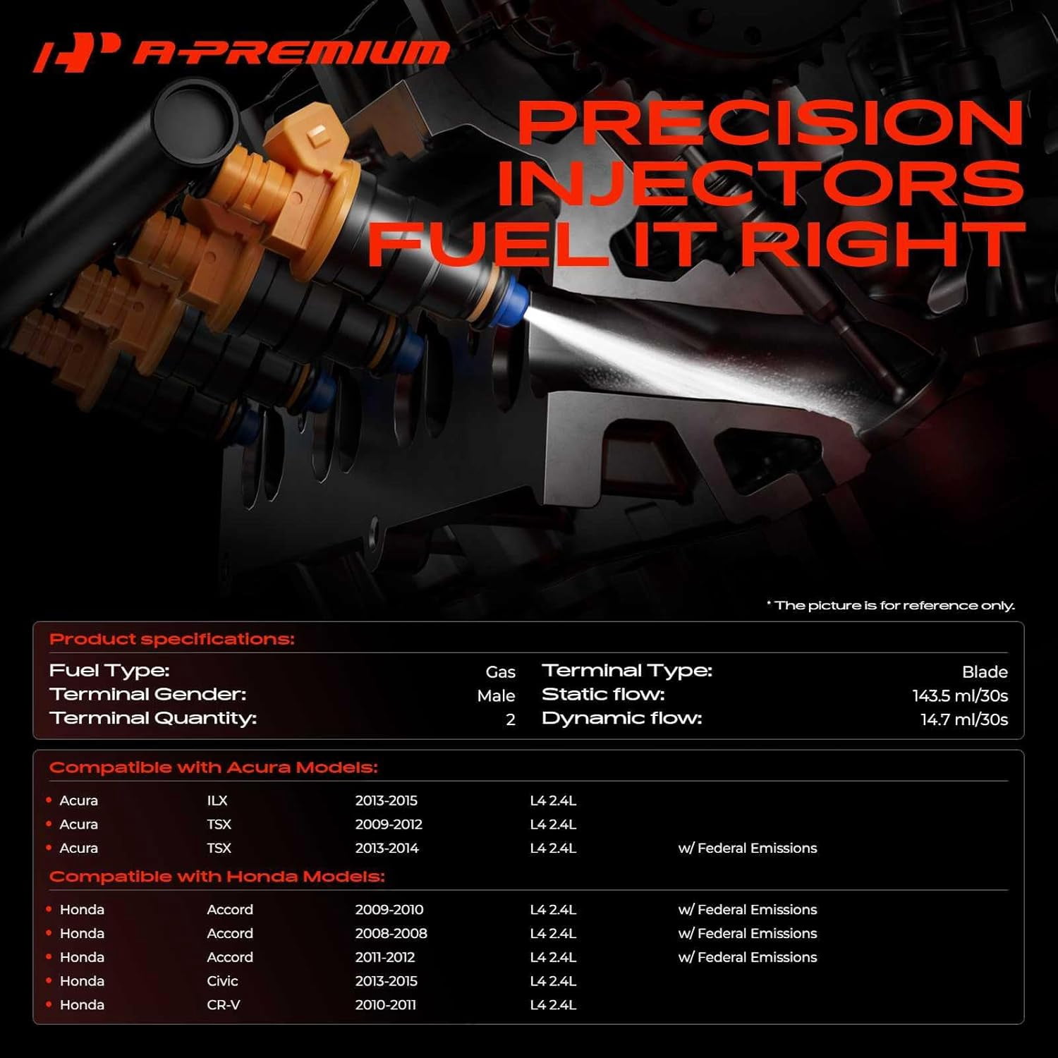 A-Premium Fuel Injectors Compatible with Honda CR-V 2010-2011, Civic 2013-2015, Accord 2008-2012 & Acura TSX 2009-2014, ILX 2013-2015, L4 2.4L, Gas, Set of 4