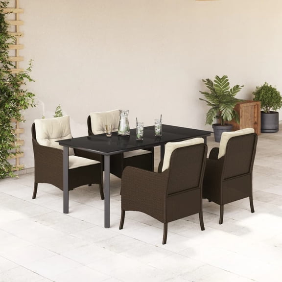 vidaXL 5 Piece Patio Dining Set with Cushions Brown Poly Rattan
