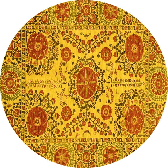 Ahgly Company Machine Washable Indoor Round Abstract Yellow Modern Area Rugs, 5' Round