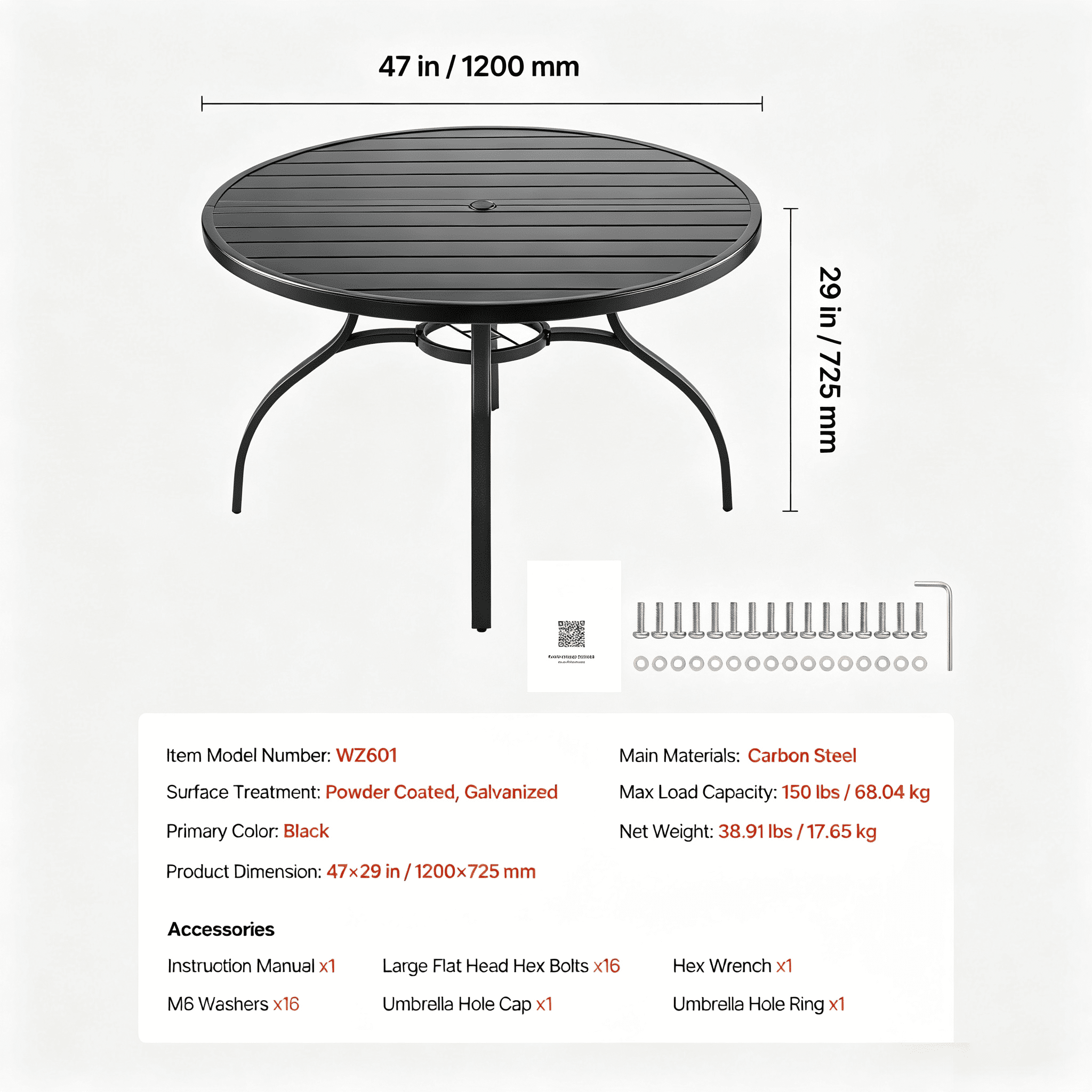 Outdoor Patio Dining Table, 47 inch Round Metal Steel Slat Backyard Bistro Tables, with 1.5 in Umbrella Hole, Outside All-Weather Large Furniture for Lawn Garden Porch, Black