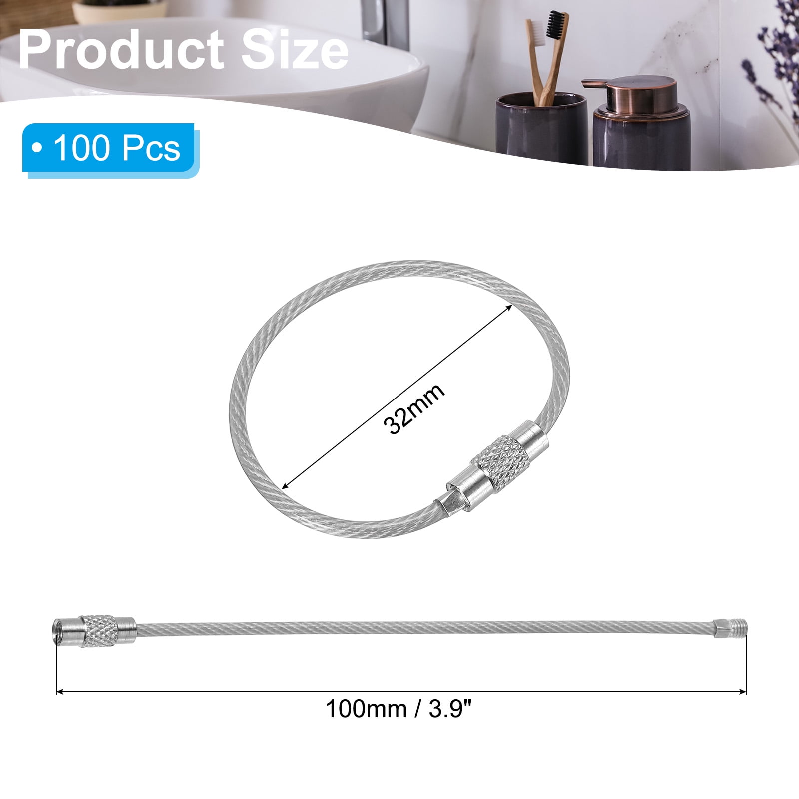 3.9 Inch Stainless Steel Wire Keychain Cable Key Ring Loop, Silver, 100 Pack