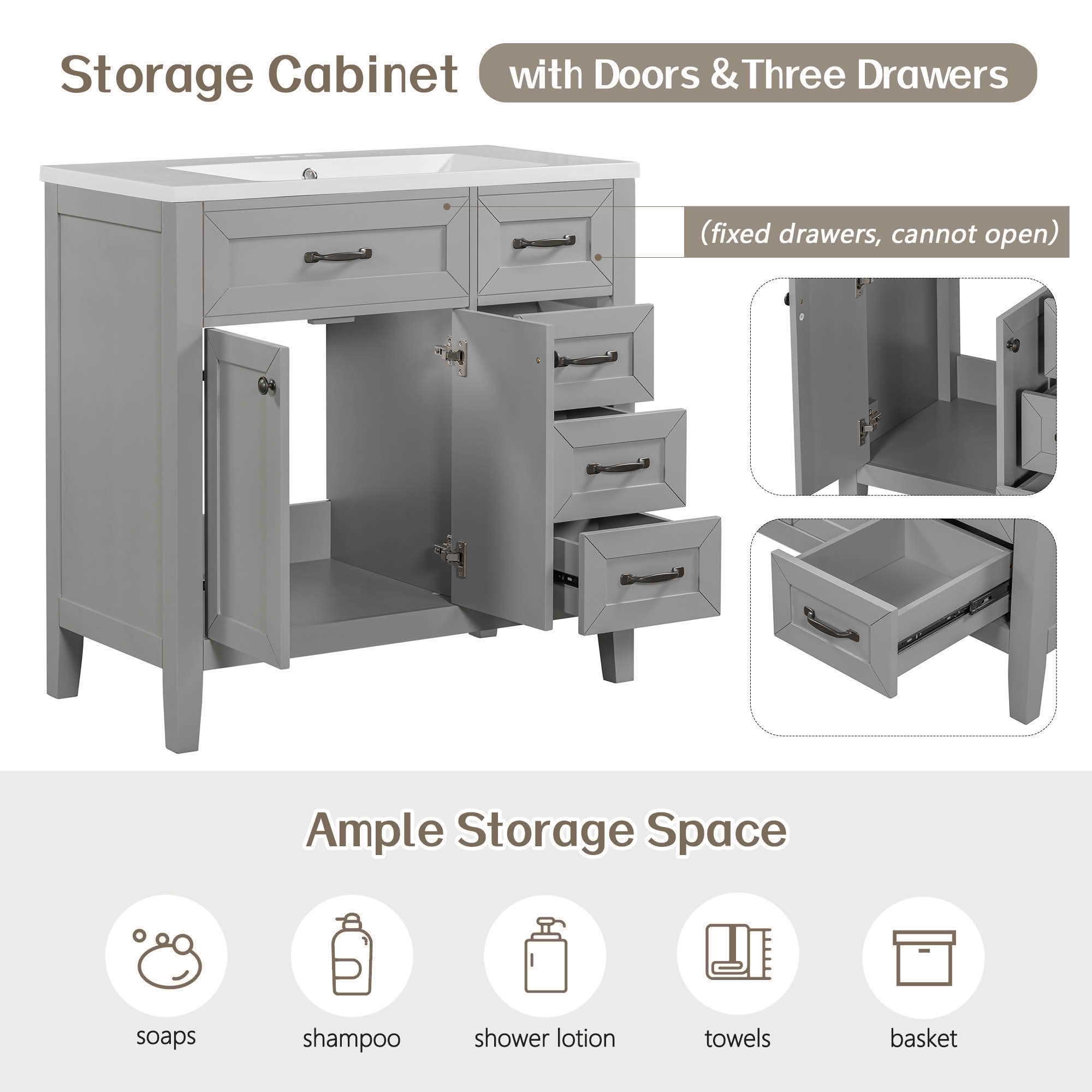 MAYEERTY 36" Bathroom Vanity with Sink Gray Cabinet Drawers Solid Frame MDF