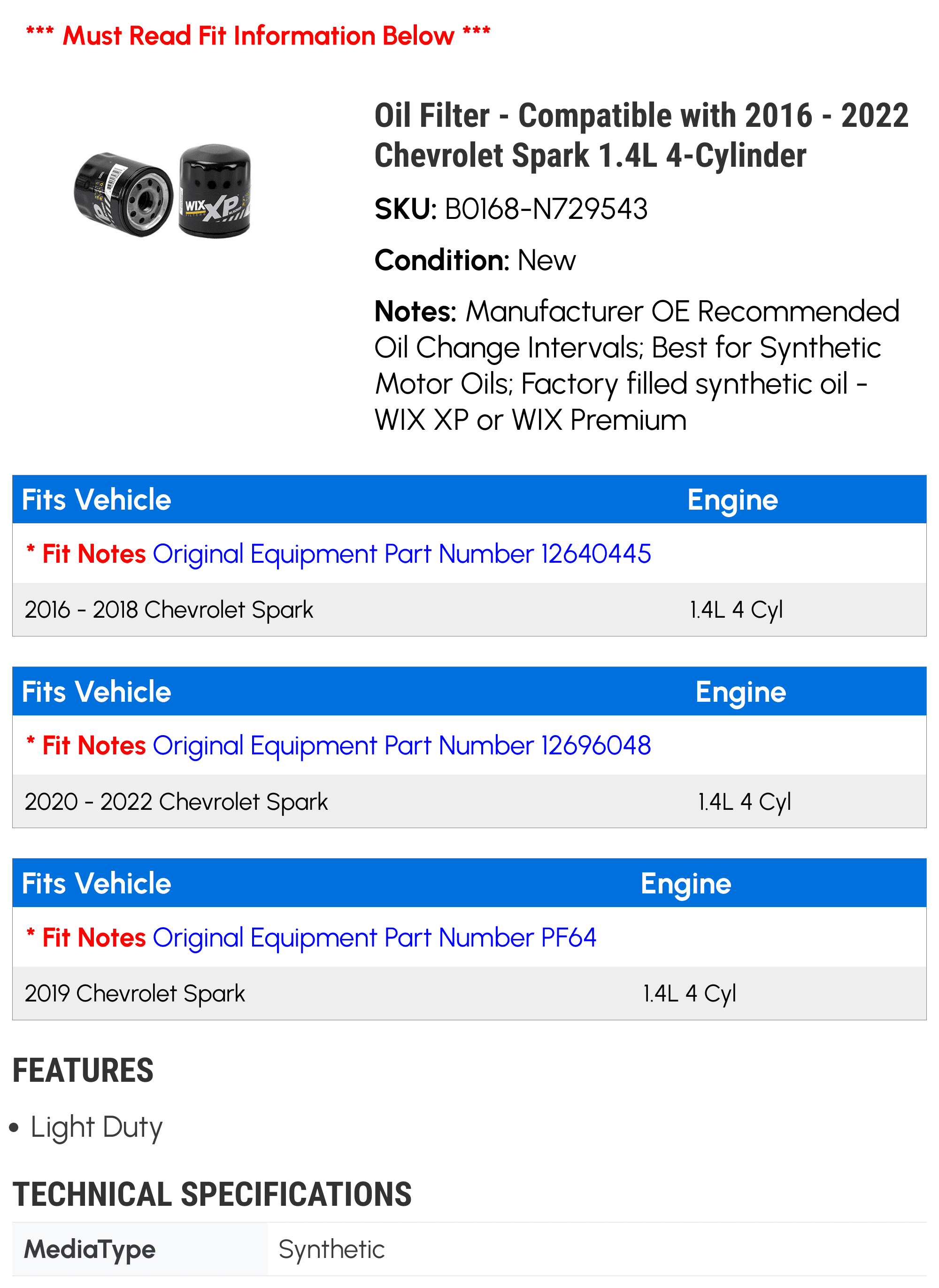 Oil Filter - Compatible with 2016 - 2022 Chevy Spark 1.4L 4-Cylinder 2017 2018 2019 2020 2021