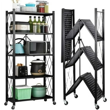 5 Tier Storage Shelves with Wheels 27.9''x 13.4'' x 62.5'' Collapsible Kitchen Rolling Cart, Metal Garage Shelving, Foldable Shelf with Wheels,Storage Rack on Wheel, Foldable Shelf Unit