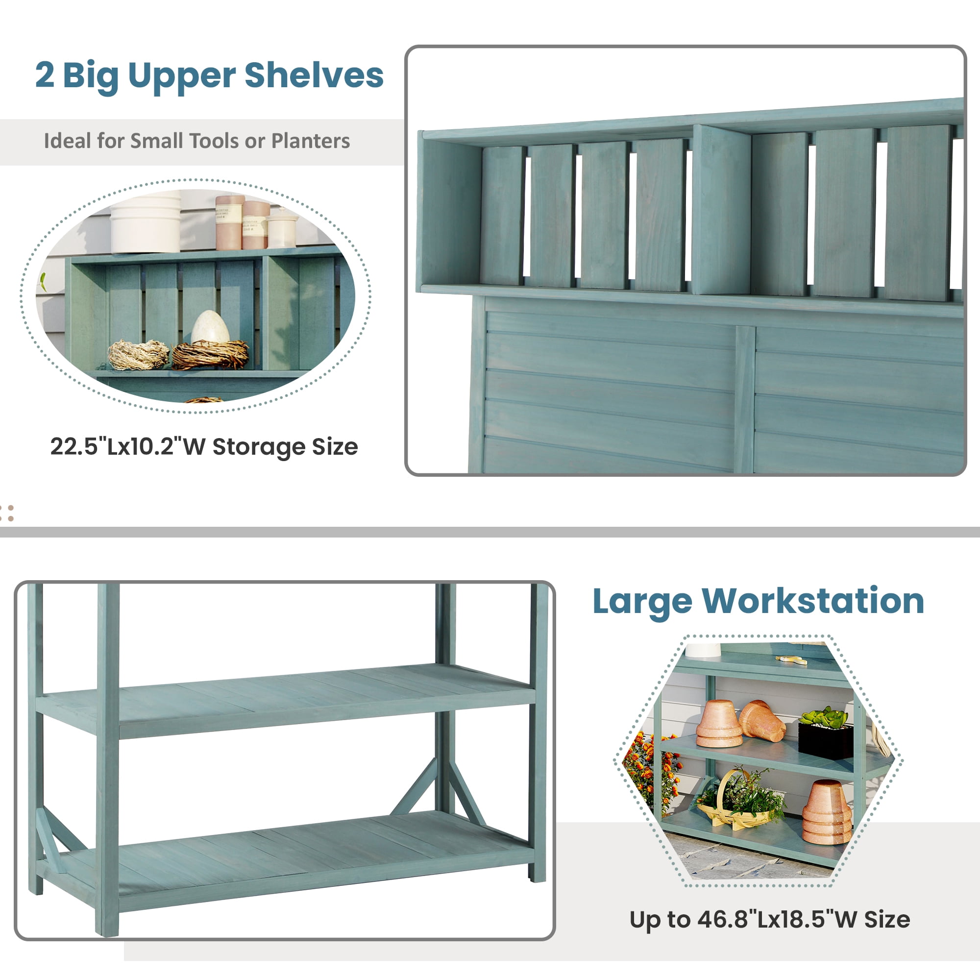 Euroco 65" Large Wooden Farmhouse Rustic Outdoor Potting Bench Table, Patio Workstation, Garden Potting Bench with 4 Storage Shelves and Side Hook