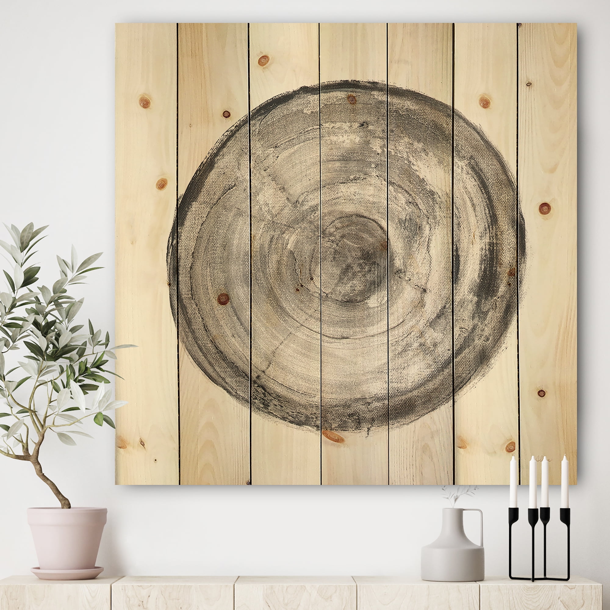 Designart 'Circle natural elements III' Farmhouse Print on Natural Pine Wood