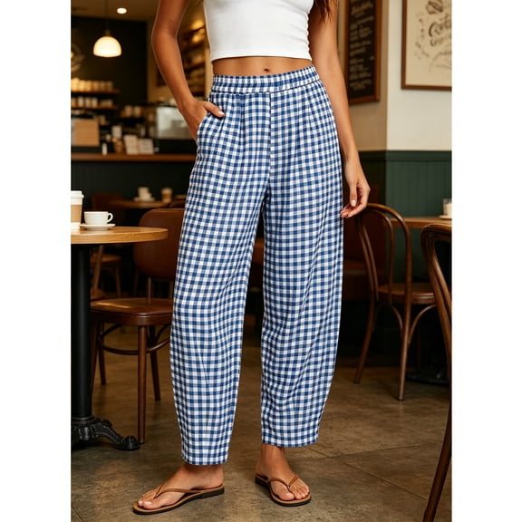 Women's Plaid Barrel Pants Elastic Waist, Casual Loose Fitting Trousers for Summer Daily Blue 3XL
