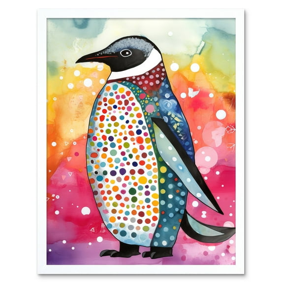 Cute Multicoloured Spot Penguin Folk Art Art Print Framed Poster Wall Decor 12x16 inch